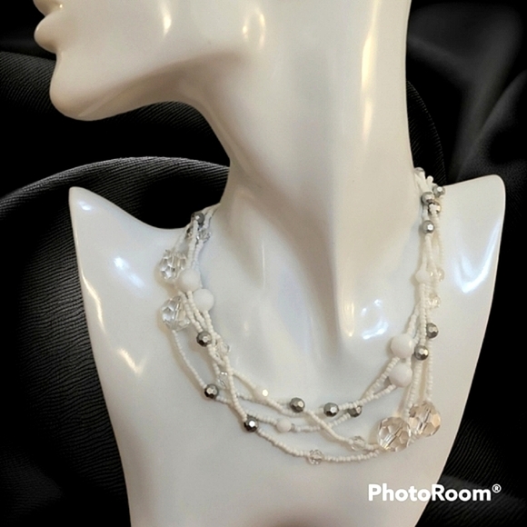 Hand Crafted Jewelry - HANDMADE White and Silver Glass Acrylic Beaded Extra Long Necklace